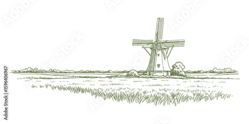 Windmill in Field Sketch Illustration. Green Rural Landscape with Windmill, Hand Drawn Style. Countryside Meadow Scene Vector Illustration.