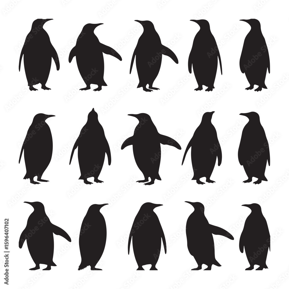 Obraz premium A collection of 16 black silhouettes of penguins Vector Design. 