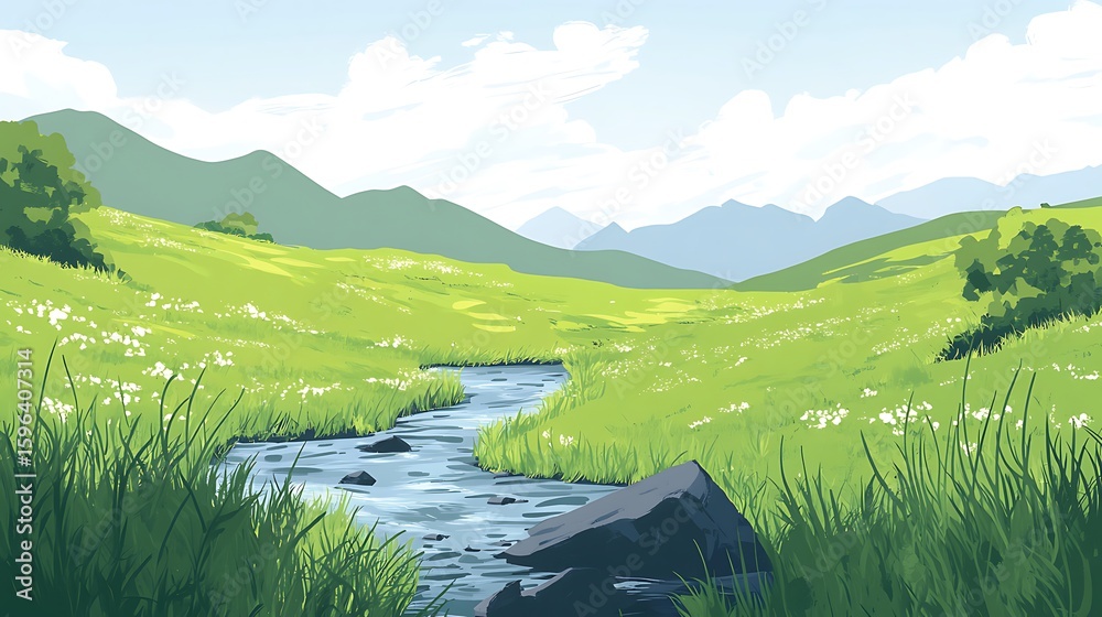Fototapeta premium Rolling green landscape, mountain, and river: A serene landscape of rolling green fields with a winding river flowing towards distant mountains. The artwork evokes tranquility.