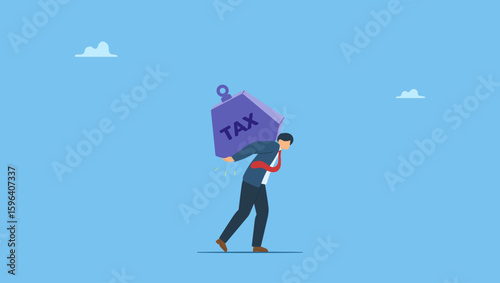 Businessman carry heavy weight with the word TAX. Symbolizes heavy tax burden to pay off, weight or debt problem, bankruptcy or financial problem, government obligation.