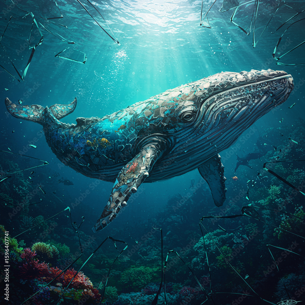 Fototapeta premium Kaleidoscopic Whale: Abstract Glass Shard Art Reflecting Underwater Light.