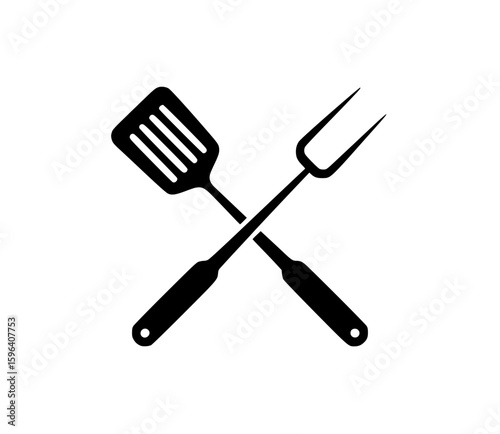 Black silhouette of crossed spatula and barbecue fork