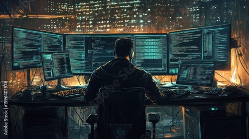 Hacker at night in city view