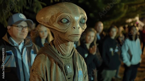 Alien creature in crowd scene Generative AI