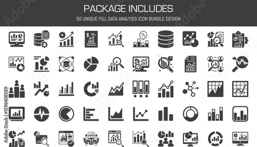 A Set of 50 Flat Filled Vector Icons Representing Data Analysis, Business Intelligence, and Statistical Charts for Dashboard and Infographic Use