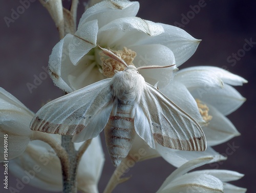 Yucca moth pollination mutualism moment in New Mexico white flower macro, coevolution art for ecology exhibits or symbiotic relationship visuals.