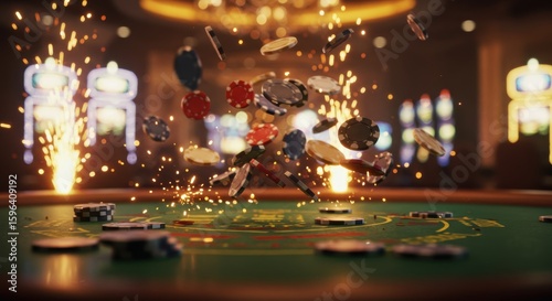 Flying Casino Poker Chips in Motion with Dramatic Lighting and Bokeh Background