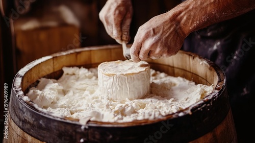 Hands shaping cheese in wooden barrel