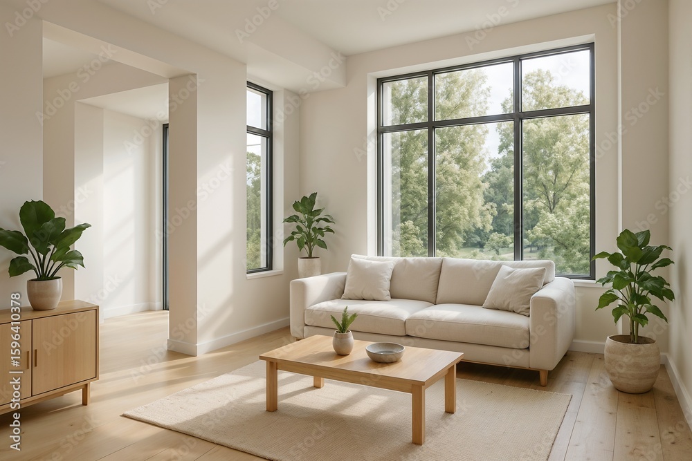 Fototapeta premium Clean modern living room with white sectional sofa and natural decor.