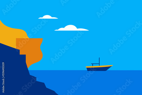 boat in blue sea near sunlit cliff face