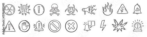 warning doodle hand drawn icons set danger drawing sketch signs vector illustration