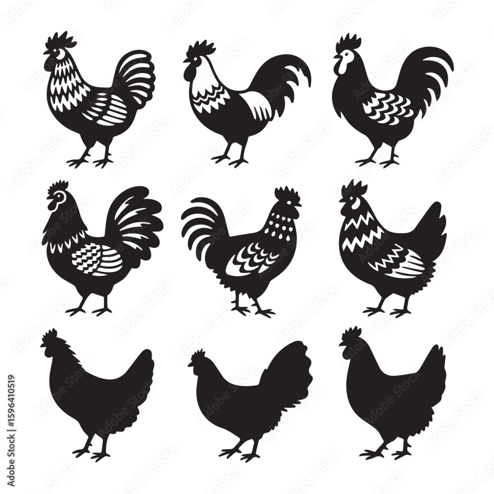 Fototapeta premium A set of 10 black and white silhouette illustrations of chickens and roosters.