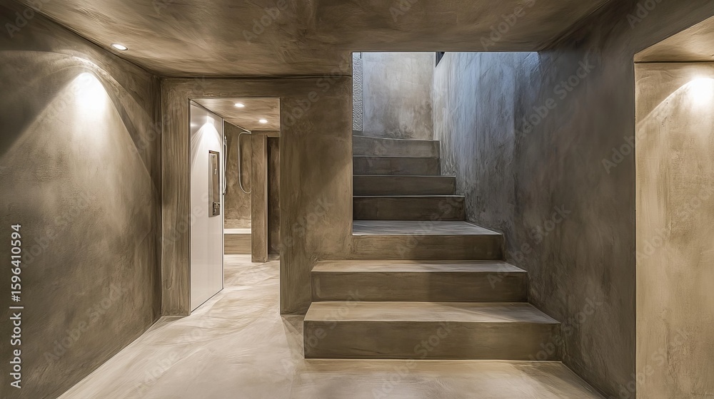 Obraz premium A minimalist interior hallway with concrete walls, a staircase leading upwards, and recessed lighting. The space is serene and subtly textured