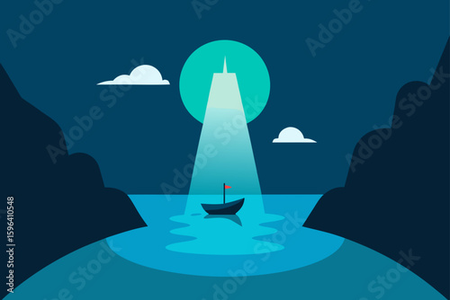 cove bathed in light with boat floating