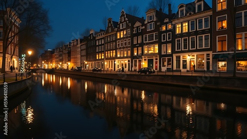 A serene nighttime canal reflects historic Dutch buildings, illuminated by warm golden window lights.