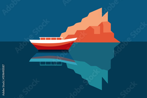 floating boat and cliff reflections in water