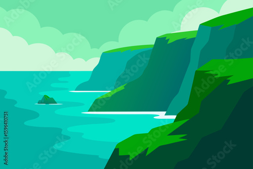 lush green cliffs above still turquoise ocean
