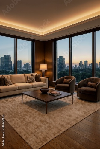 Luxury penthouse living room with floor-to-ceiling windows and city skyline view.