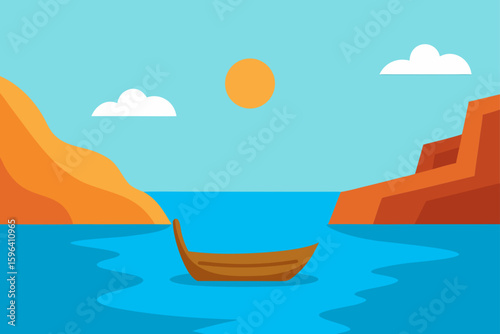 sunlit water with wooden boat and cliffs