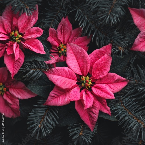 Vibrant pink poinsettia flowers with dark green pine branches, capturing the essence of the holiday season