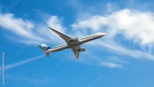 Airplane climbing into a clear blue sky, leaving white contrails against a backdrop of soft clouds.