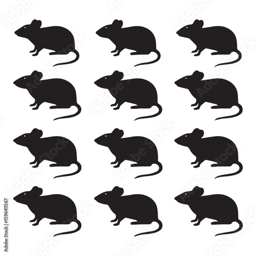 A set of 10 black silhouette illustrations of mice arranged in two rows against a white background.