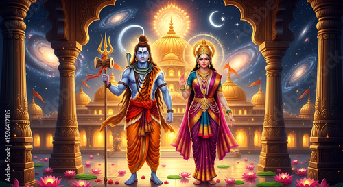 Traditional Hindu divine artwork of Lord Shiva and Goddess Parvati standing together in illuminated ancient temple surrounded by lotus flowers under night sky with shining galaxies