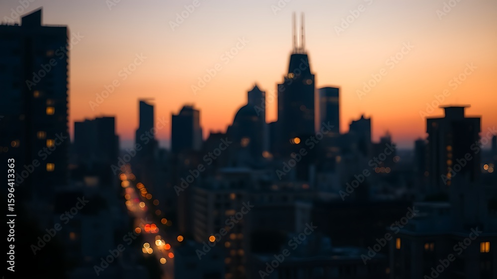 Fototapeta premium Urban cityscape at twilight with warm glowing windows, simplified silhouette and blurred foreground elements.