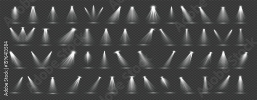 White stage backlight effects 3d realistic vector illustration set. Bright lamps glowing design. Stage spot beams on transparent background
