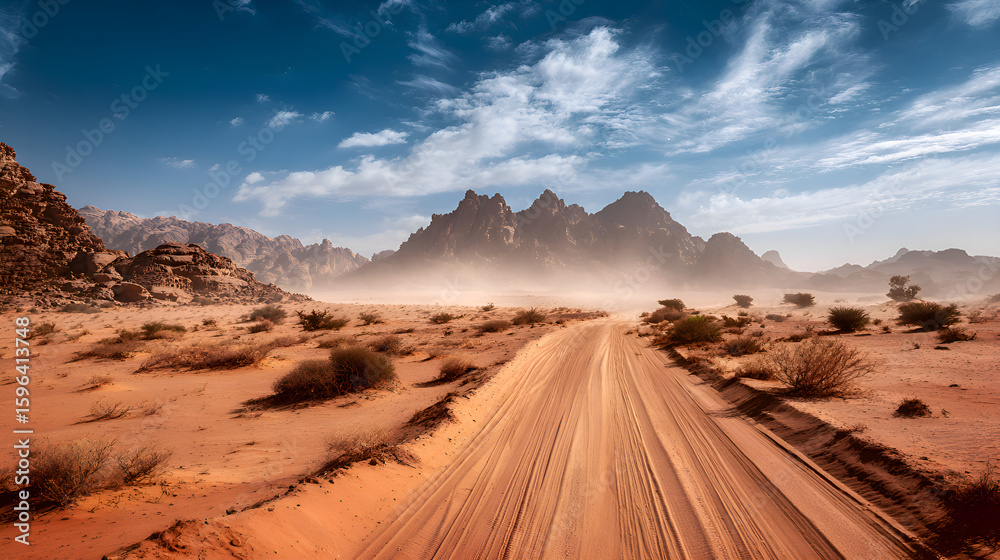 Fototapeta premium Wadi rum desert road leading to sandstone mountains in jordan