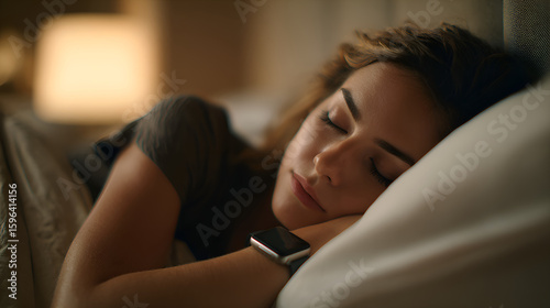 Obraz na płótnie Young woman sleeping peacefully wearing smartwatch in bed at night