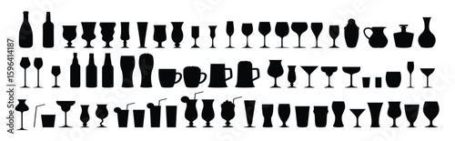  silhouettes various alcohol cocktail glasses bar set black isolated glasses wine glasses beer