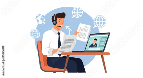 Man with headset holds documents while video conferencing on a laptop, surrounded by globe icons, suggesting global communication and remote work.