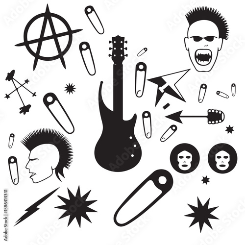 Graphic illustration of punk rock elements featuring guitar and anarchy symbol in black and white