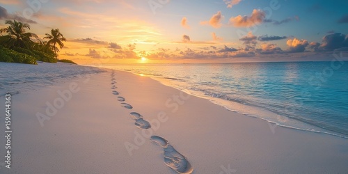 Fototapeta Naklejka Na Ścianę i Meble -  Footprints in the sand along Maldives island beach at dawn