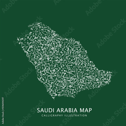 Artistic map of Saudi Arabia designed with Arabic calligraphy strokes, combining national identity and traditional typography in a modern visual style