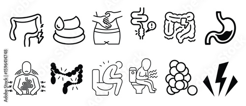 stomach disease symptoms flat line icons set abdominal pain appendicitis heartburn cramps