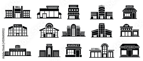 Supermarket facade. Retail shop exterior commercial mall buildings recent vector icons collection of store. Retail exterior building, storefront boutique, structure architecture illustration
