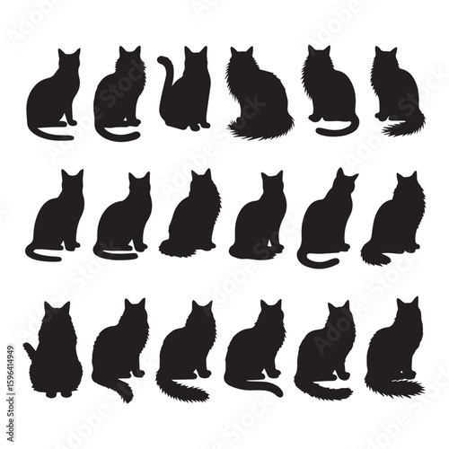 A set of 16 black cat silhouettes arranged in two rows against a white background.