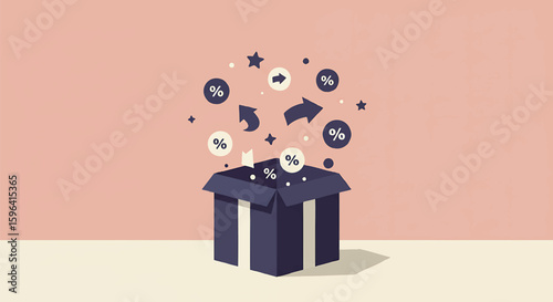 Open box with percentage symbols, arrows, and stars floating upwards against a peach background, suggesting deals, offers, or growth.