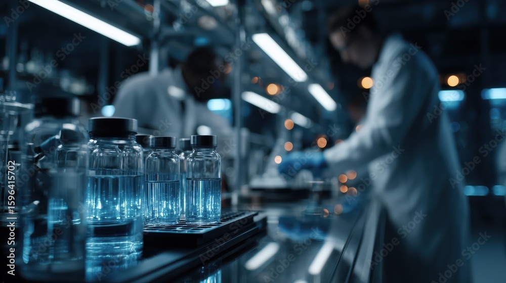 Fototapeta premium Glowing liquids in scientific exploration at a modern laboratory during twilight hours