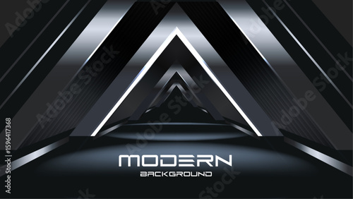 Futuristic Tunnel with Neon Triangular Arches. Sci-Fi Corridor with Reflective Metallic Geometry. Luxury Elegant Super Car Automobile Urban Design Background. Premium Black Silver Metallic Background.