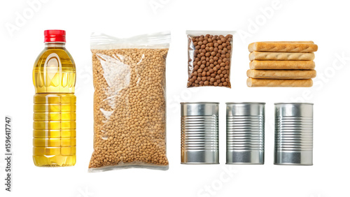 Assortment of groceries food items including oil beans crackers and canned goods pantry staples storage on transparent background
