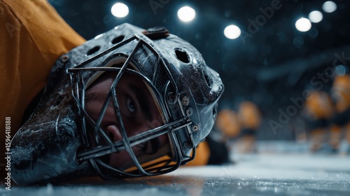 Goalie on ice after impact with a cracked mask during an intense hockey match in a buzzing arena filled with excited fans