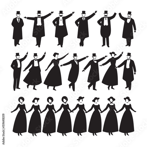 Elegant Victorian Silhouettes Graceful Male and Female Figures in Formal Dance Poses, Arranged in Perfect Symmetry.