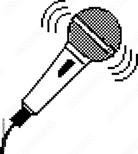 Pixel art microphone icon with sound waves eight bit retro music object black and white audio symbol isolated on white
