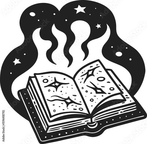 Magical open book with floating stars, mystical smoke, and cosmic symbols fantasy imagination, storytelling and mystery concept