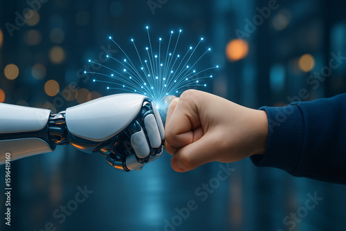 Robot and human hands making a fist bump, symbolizing future collaboration, partnership, and successful teamwork between people and AI.