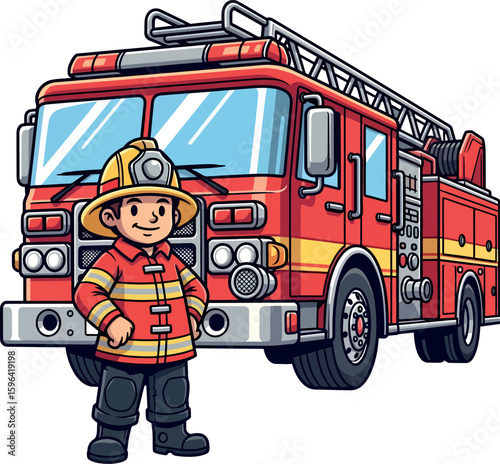 firefighter character standing in front of a red fire truck. Vector illustration of a fireman and emergency vehicle, isolated on white background.