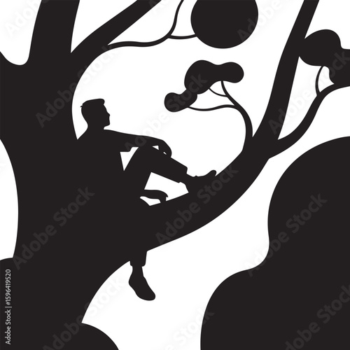 Vector silhouette of a man sitting on a tree branch looking peaceful white background. 